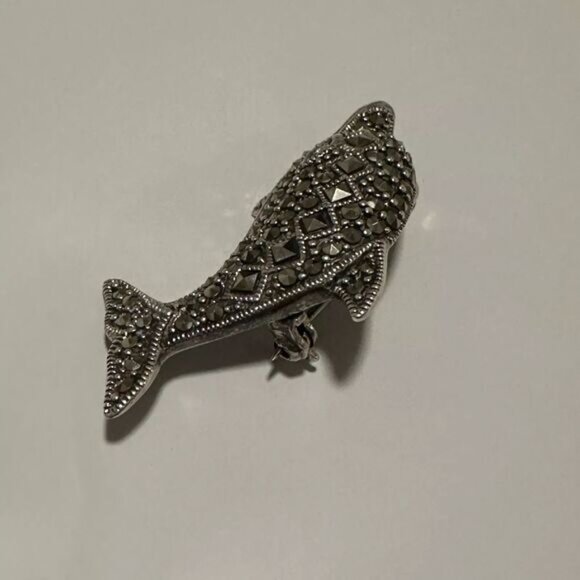 Sterling Silver Marcasite Dolphin Brooch Pin 1 7/8 Inch - Picture 2 of 5